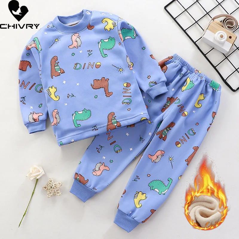 Mới Trẻ Em Bé Trai Làm Dày Pyjama Bộ Hoạt Hình Cổ Tròn Áo Thun Áo Kèm Quần Bé Gái Thu Đông Ấm Ngủ Bộ Quần Áo