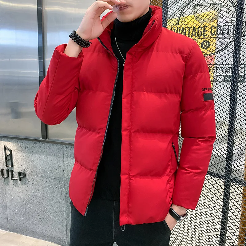 Brand Fashion Men Winter Jacket Stand Collar Male Warm Cotton Coats Outerwear Solid Color Black Red Khaki Size M-5XL