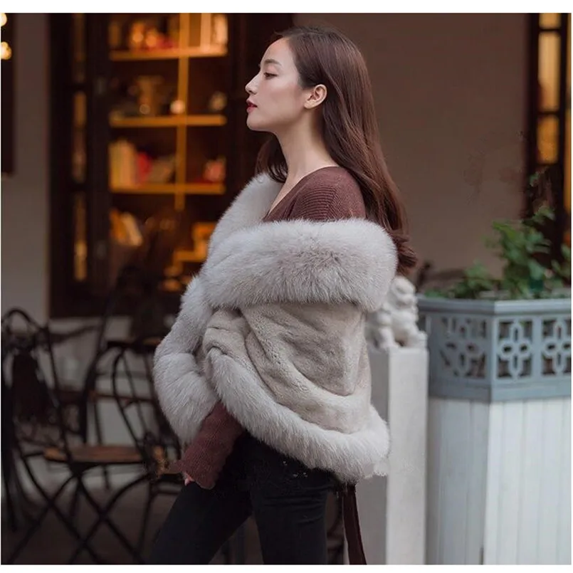 Genuine Mink Fur Shawl With Real Fox Fur Trimmed Cape Women's Fur Poncho New Design for Girl