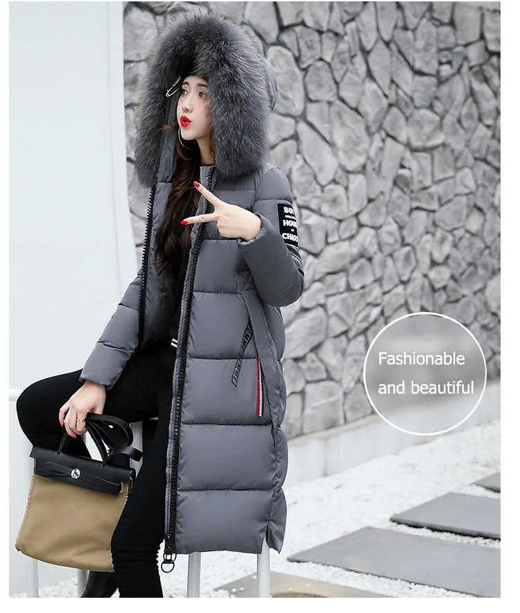 2025 Women's Down Parkas Winter Jacket Big Fur Collar Thick Slim Coat Fashion Hooded Cotton Outerwear Long Winter Woman Coat