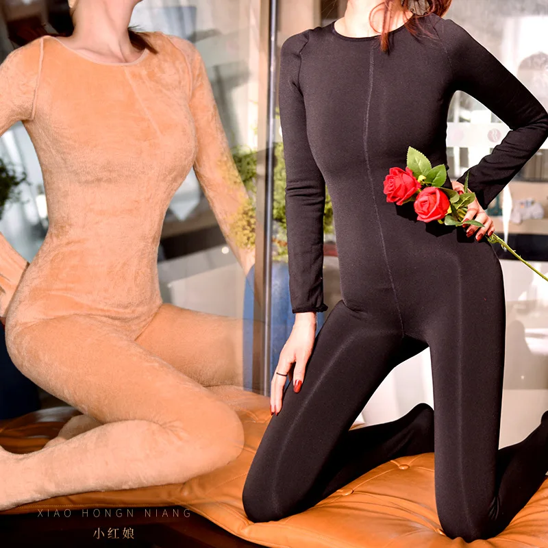 Woman Autumn Winter New Style Fleece Warm Long Sleeve Zipper Open Crotch Bodysuit Rompers Jumpsuit Sexy Fad Catsuit Bodystocking