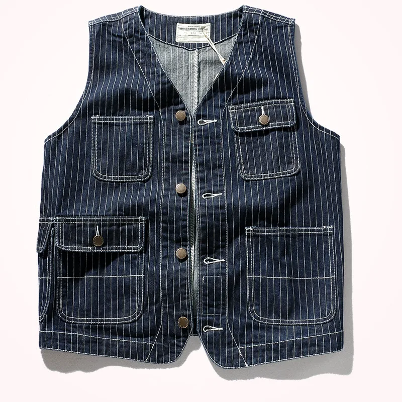 

2021 Spring and Autumn Denim Tooling Waistcoat Men's Fashion Retro Heavy Weight Striped Multi Pockets Pure Cotton Vest Jacket