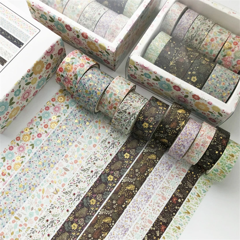 Imagem -03 - Folha de Ouro Washi Tape Washi Tape Adesivos Decorativos Grade Bonito Suprimentos Scrapbooking 10 Rolos