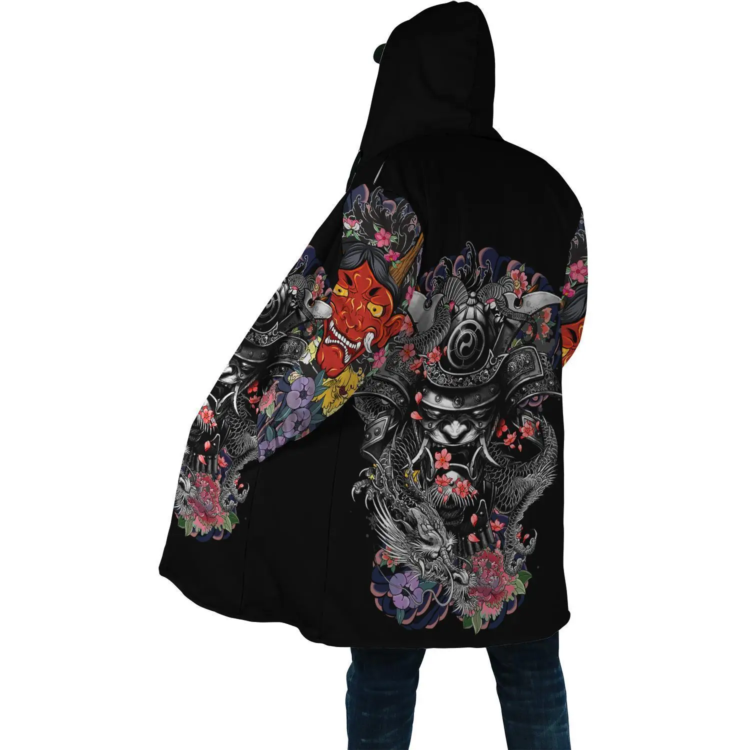 Capa de moda de invierno para hombre, capa con capucha de lana gruesa con estampado 3D de tatuaje de samurái, Geisha y León, capa cálida informal Unisex DP07