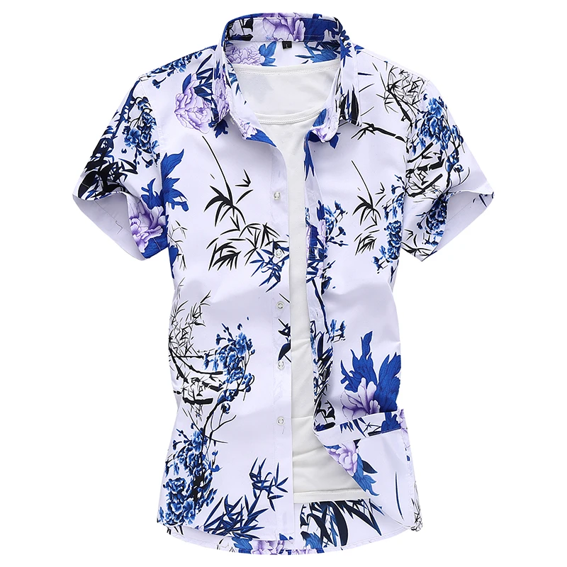 Summer White Printed Short Sleeved Shirt for Men, Hawaii Rose Flower Shirts Hawaiian Vacation Camisa Chemise Big Size S-7xl