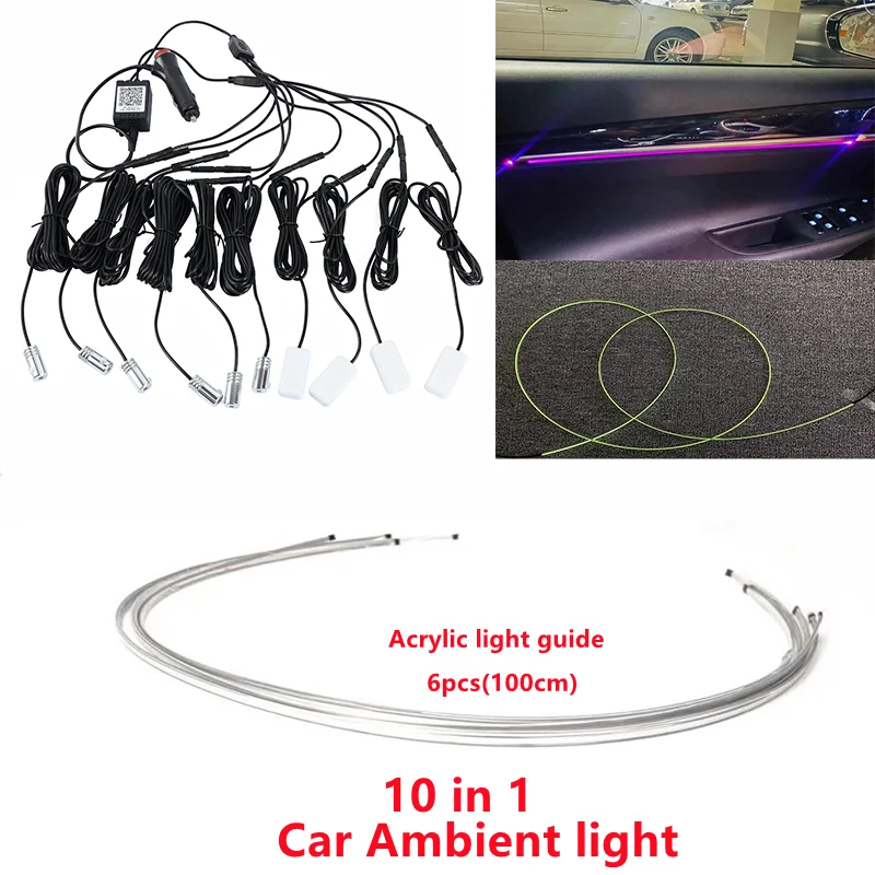 

10 in 1 RGB LED Atmosphere Car Light Interior Ambient Light Acrylic Fiber Optic Strips Light by App Control DIY Music car lights