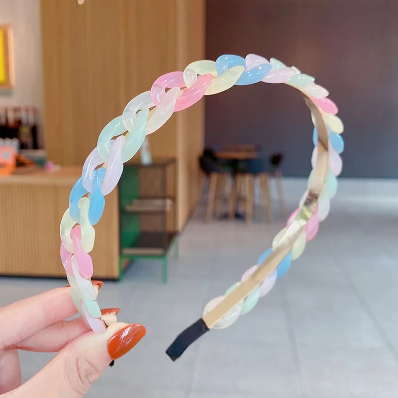 New Fashion Fine All-match Resin Pearl Sweet Candy Color Chain Hair Band Headband for Women Girl Accessories Headwear