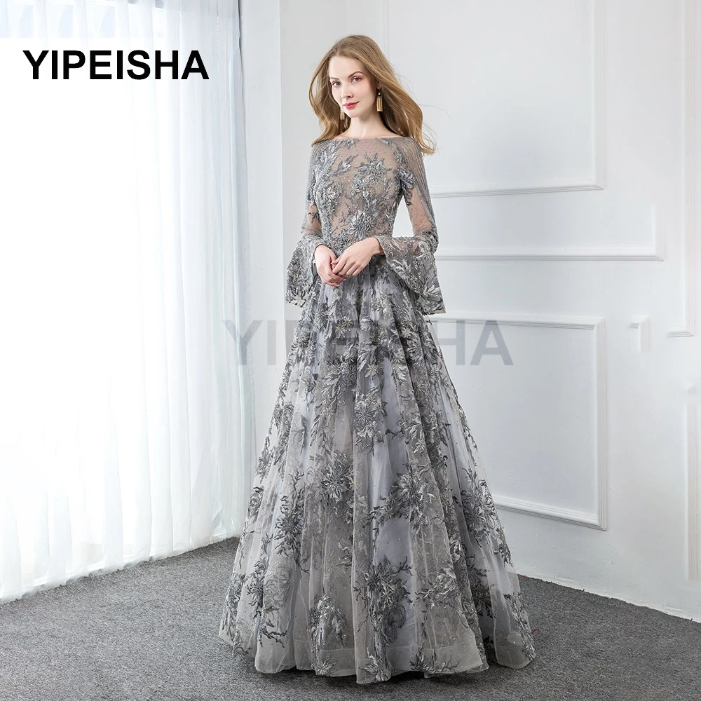 Customized Gray Lace Long Sleeve Evening Dresses Embroidered Crystals Bead Formal Prom Party Gown Custom Size Robe Soirée Mari