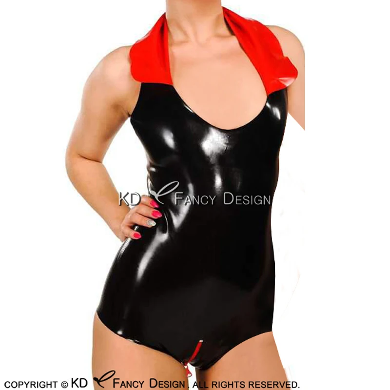 Sexy Latex Swimsuit With Red Turn Down Collar Back To Crotch Zipper Rubber Bodysuit Zentai Overall Body Suit LTY-0201