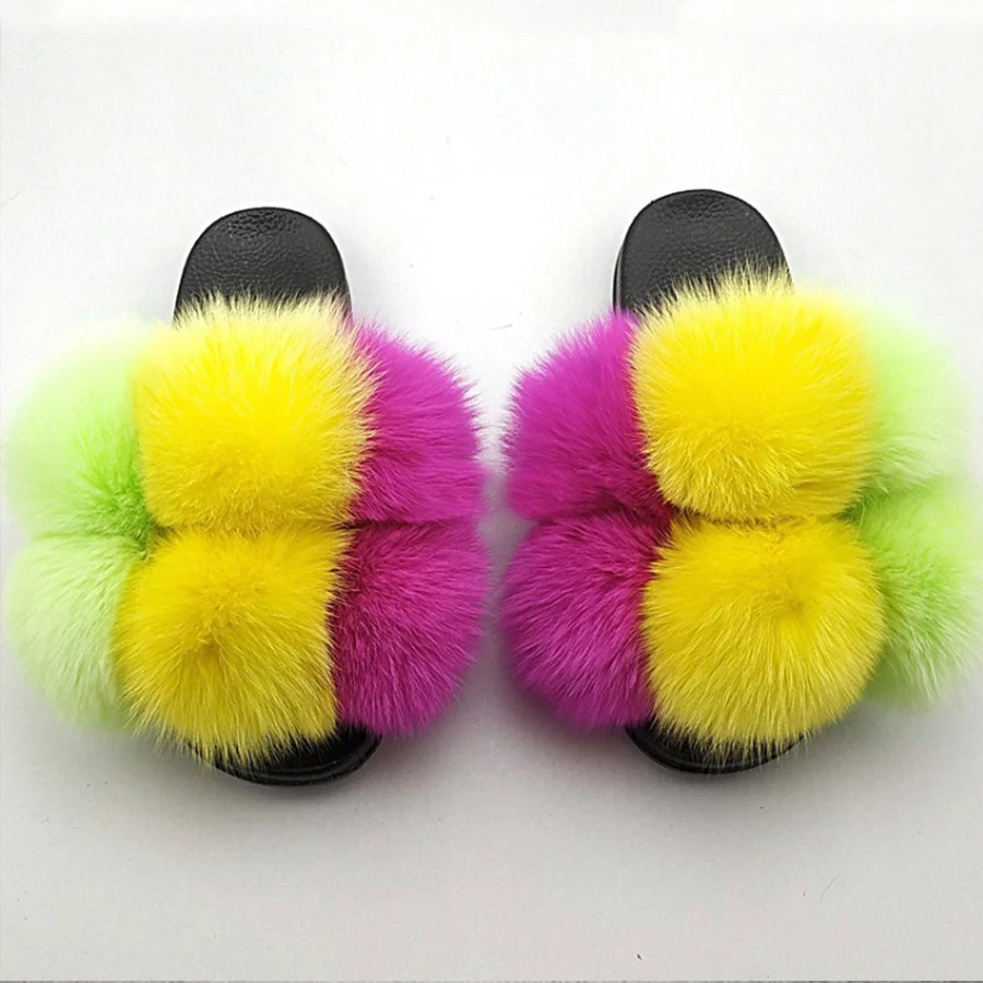 Fluffy Slides Women Pom Pom Fur Slippers 2021 Summer Fashion Fur Slides Flat Sandals Indoor Outdoor Flip Flops