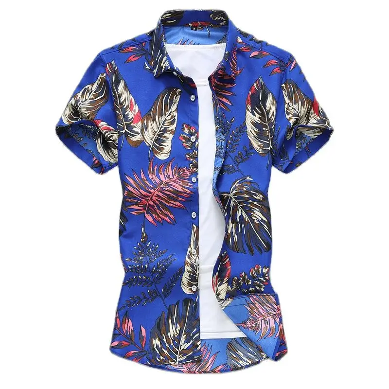 Summer White Print Short Sleeved Shirt, Men\'s Single Breasted Lapel Shirts, Blue Black Purple Camisa Big Size S-5XL 6XL