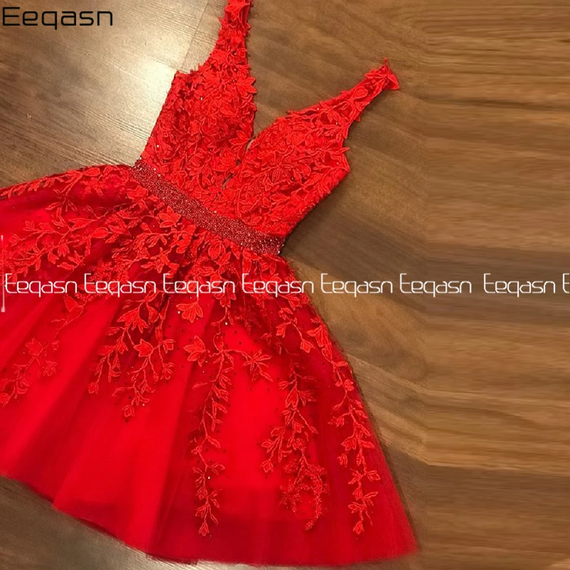 Eeqasn – robe de Cocktail en dentelle rouge élégante, courte, ligne a, dos ouvert, ceinture perlée, robes de bal pour femmes, soirée de Gala