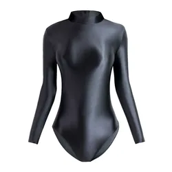 MJINM High-Waisted One Piece Zipper Swimsuit for Women Glossy Long Sleeve T-Shirt Leotard Sexy Tight Fit Solid Color Swimwear