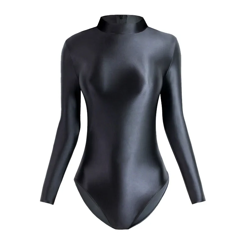 One Piece Zipper Swimsuit High-Waisted Women Sexy Tight Glossy High Fork Long Sleeve Swimwear Solid Color T-Shirt Leotard