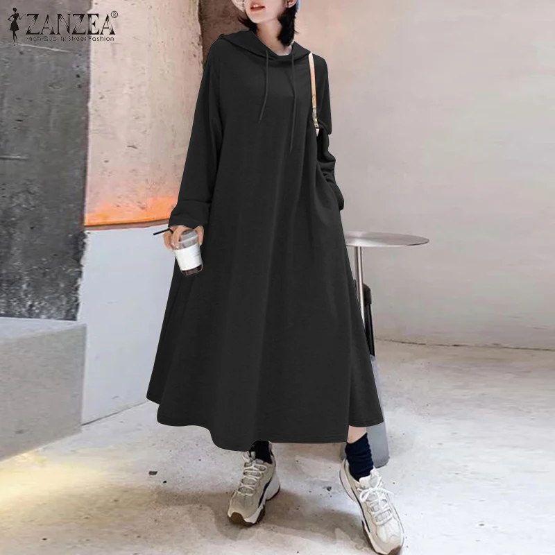 Stylish Hooded Hoodies Dress Women Autumn Sweatshirts 2023 ZANZEA Casual Long Sleeve Maxi Vestidos Female Solid Robe Oversized