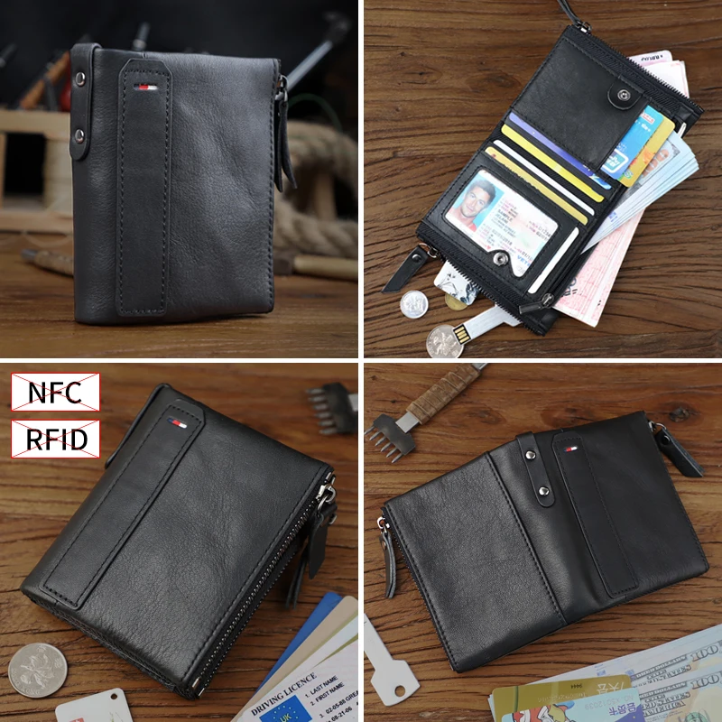 Portable Men Wallet Genuine Leather Anti NFC & RFID Male Wallet Storage Credit Card Holder Photo Slot Coin Zipper Purse