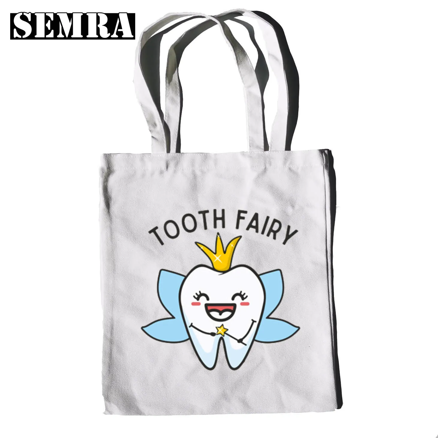 Tooth and Dentist Graphic Aesthetic Funny Fashion Black Canvas Print Shopping Bags Girls Fashion Life Casual Pacakge Hand Bag