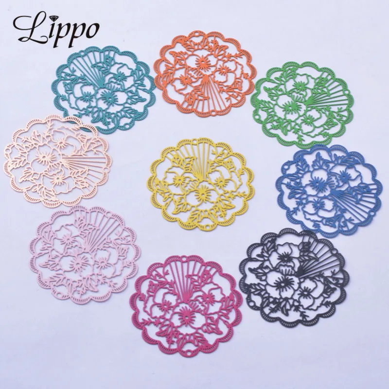 30pcs AD3118 35mm Painted Brass Silver Color Chinese style Embroidery pattern flowers Charms Filigree Jewelry Earring Findings