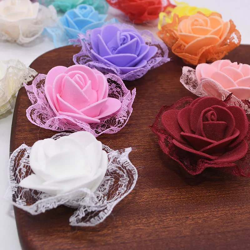 20/50pcs 3.5cm Mini Artificial Flowers Head Roses With Lace Foam Rose Bear Flowers For Wedding Home DIY Decoration Birthday Gift