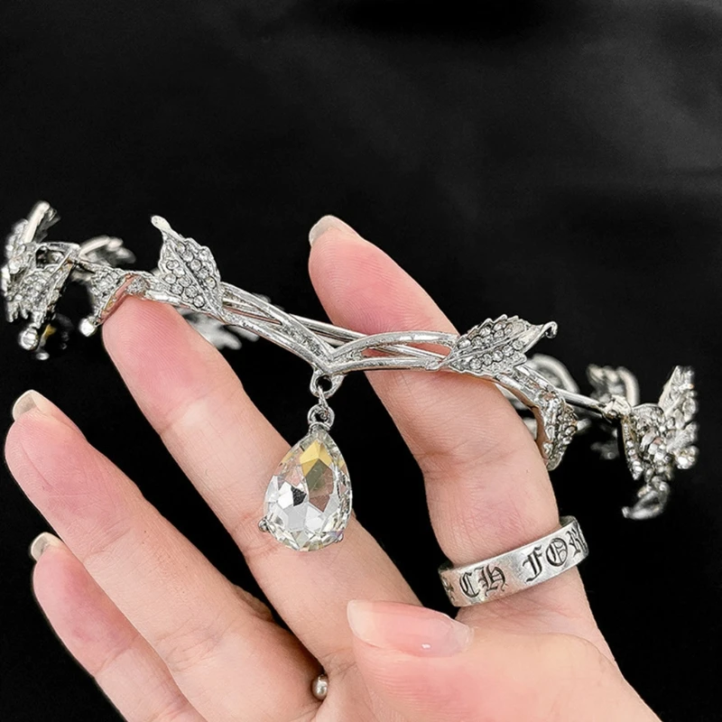 066F Wedding Bride Forehead Tiara Headband Crystal Leaf Hairband Fairy Jewelry Crown