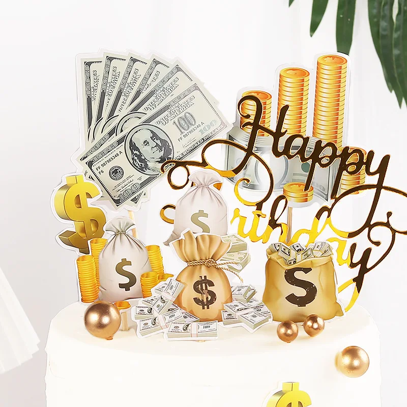 ins Dollar Happy Birthday Cake Topper gold Acrylic Birthday CupCake Toppers For Kids Party gift Dessert Decoration Baby Shower