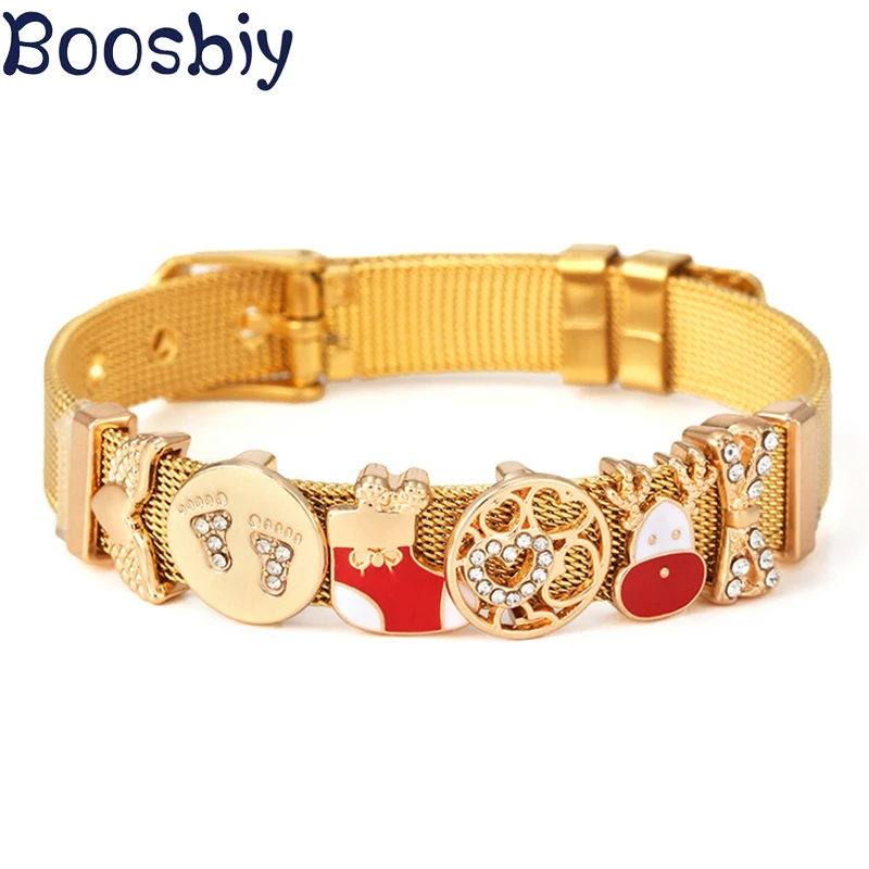 Wysokiej jakości bransoletka z siatki ze stali nierdzewnej 10 mm z świątecznymi butami i koralikami z łośem dla kobiet i mężczyzn Szczęśliwy prezent jubilerski