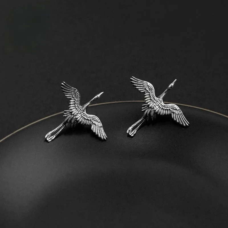 Retro Chinese Animal Crane Stud Earrings Silver Plated National Elegant Women's Stud Earrings Leisure Party Jewelry Accessories