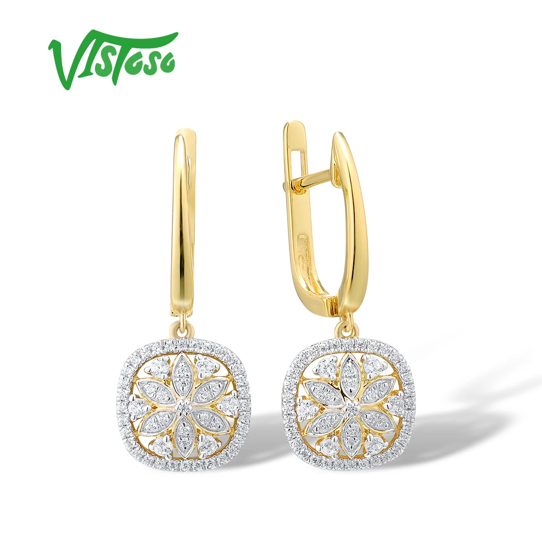 

VISTOSO Gold Earrings For Women 14K 585 Yellow Gold Sparkling Diamond Flower Dangling Earrings Delicate Gorgeous Fine Jewelry