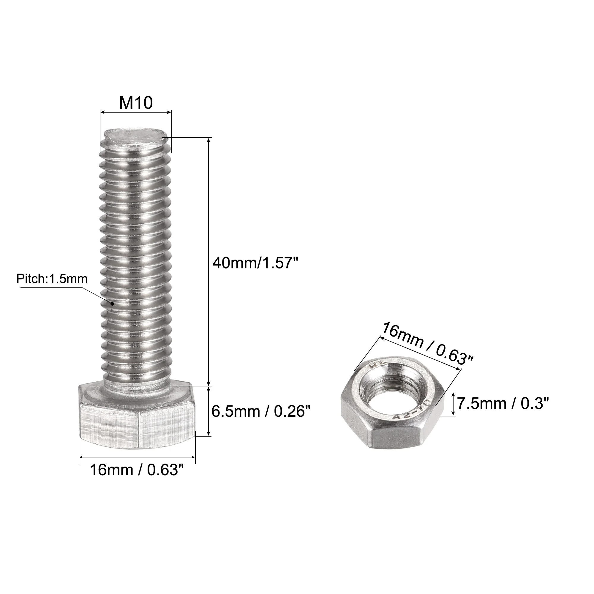 Uxcell 8 Set M10 x 40mm Hex Head Screws Bolts Nuts Flat & Lock Washers Kits, 304 Stainless Steel Fully Thread Hexagon Bolts