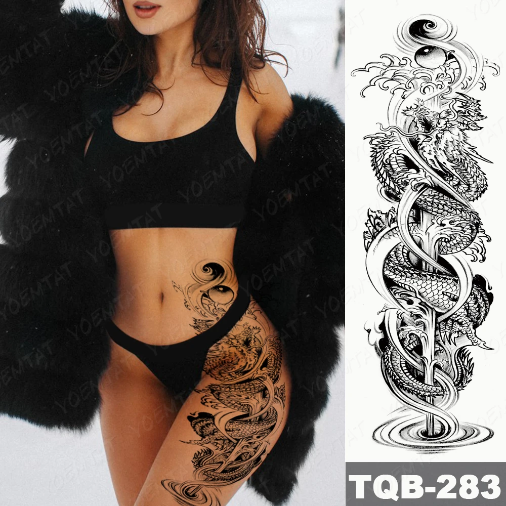 Full Arm Sleeve Water Dragon Sword Carp Waterproof Temporary Tattoo Stickers Women Thigh Back Transfer Fake Tattoos Body Art Men