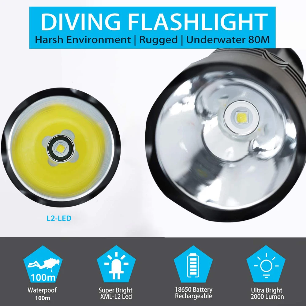 Professional Diving LED Flashlight Underwater Lights IP68 Waterproof Rating Dive Light 5 Lighting Modes for Diving Activities