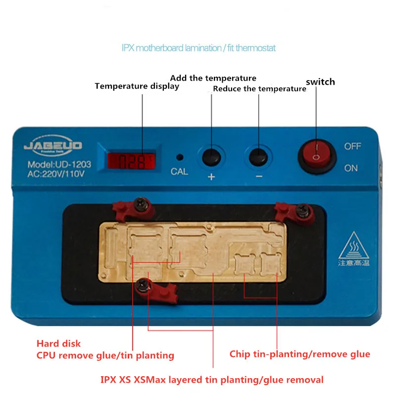 

Jabe UD-1203 Mainboard Heating Platform For IPhone X/XS/XSMAX Logic Board Desoldering Demolition Rework Station Repair Tool