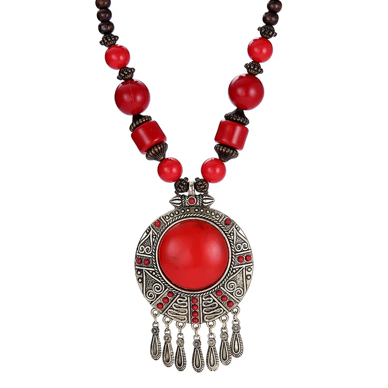 Bohemia Vintage Ethnic Leaf Red Stone Tassel Necklace For Women Gypsy Sliver Color Long Chain Necklace For Girls Tibetan Jewelry