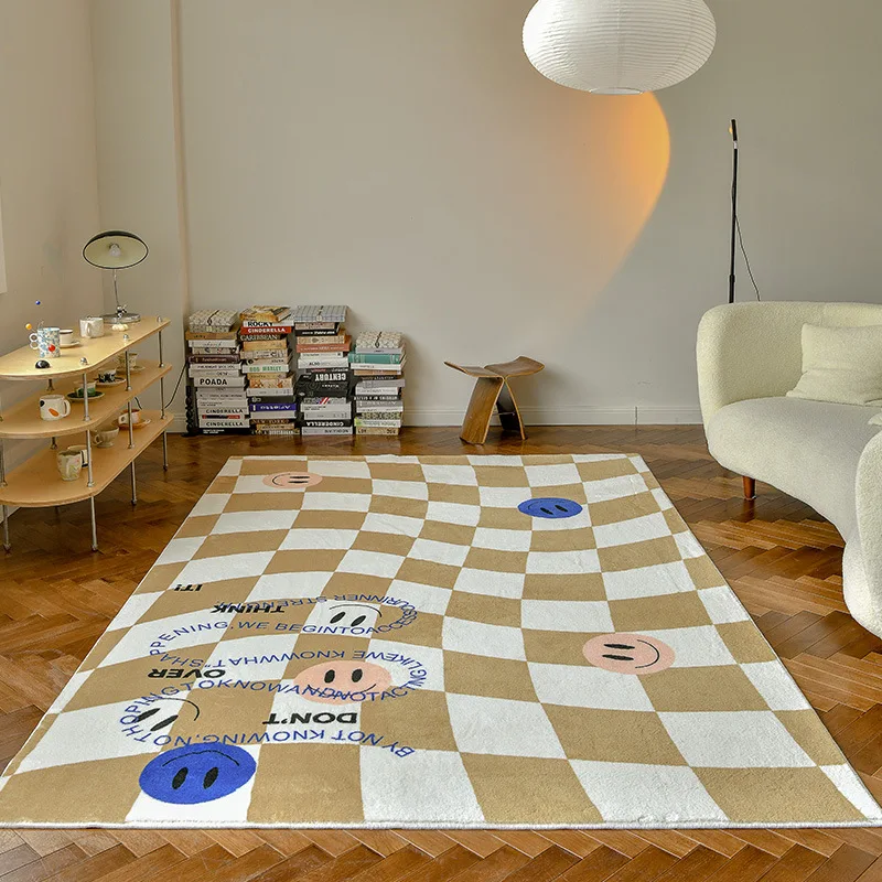 Bubble Kiss Retro Checkerboard Checkered Carpet Lamb Cashmere Rectangular Living Room Rug Sofa Bedroom Crawling Sit Green Mat