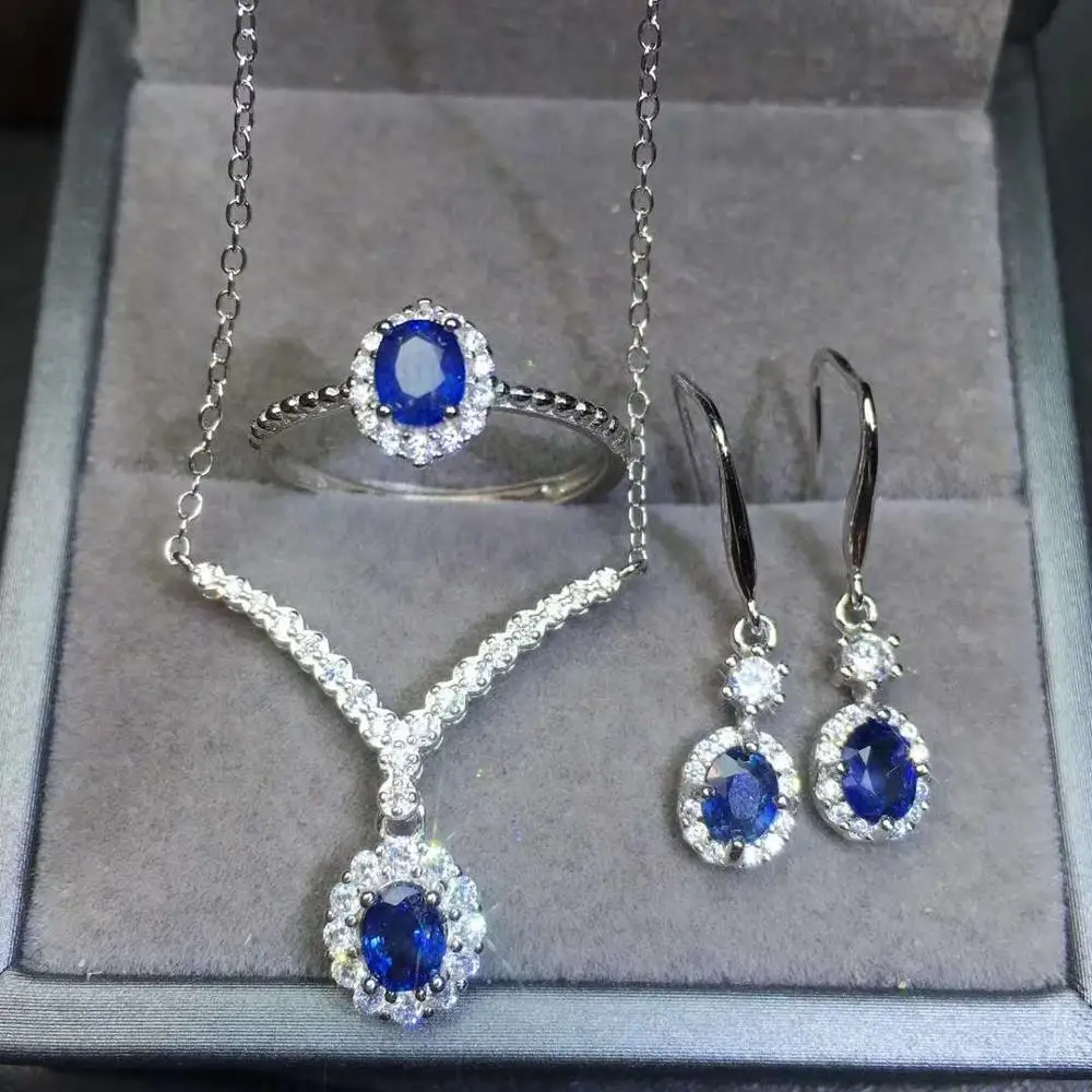 

Комплект ювелирных изделий из настоящего натурального сапфира Натуральный настоящий сапфир из стерлингового серебра 925 пробы 1 кулон, 1 кольцо, 2 серьги