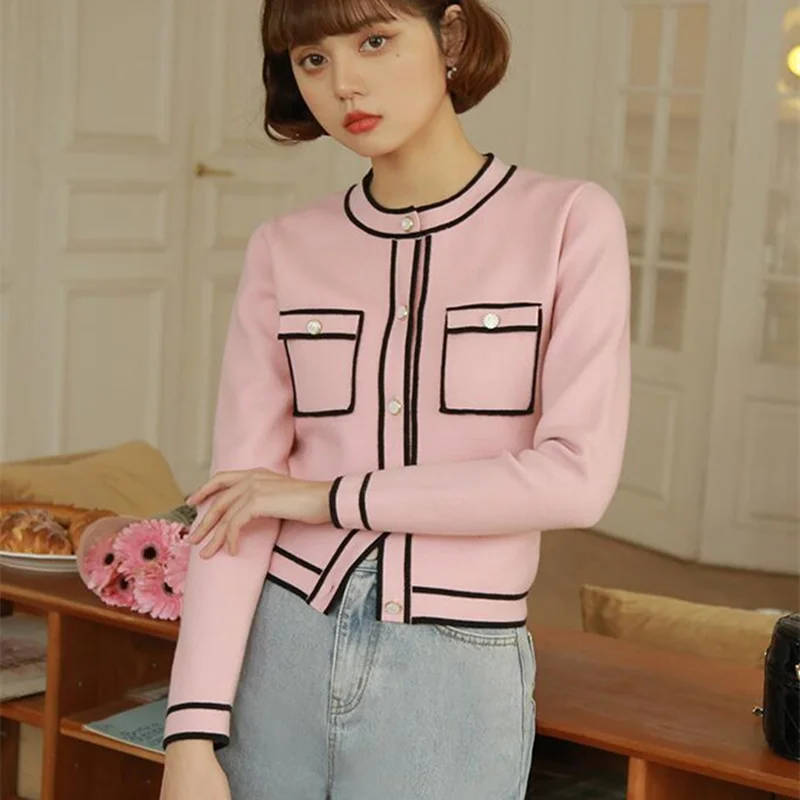 Runway Pink Cardigan Crop Top Luxury Cropped Cardigan Women Round Neck Single Breasted Knitted Cardigan Short Sweater Coat