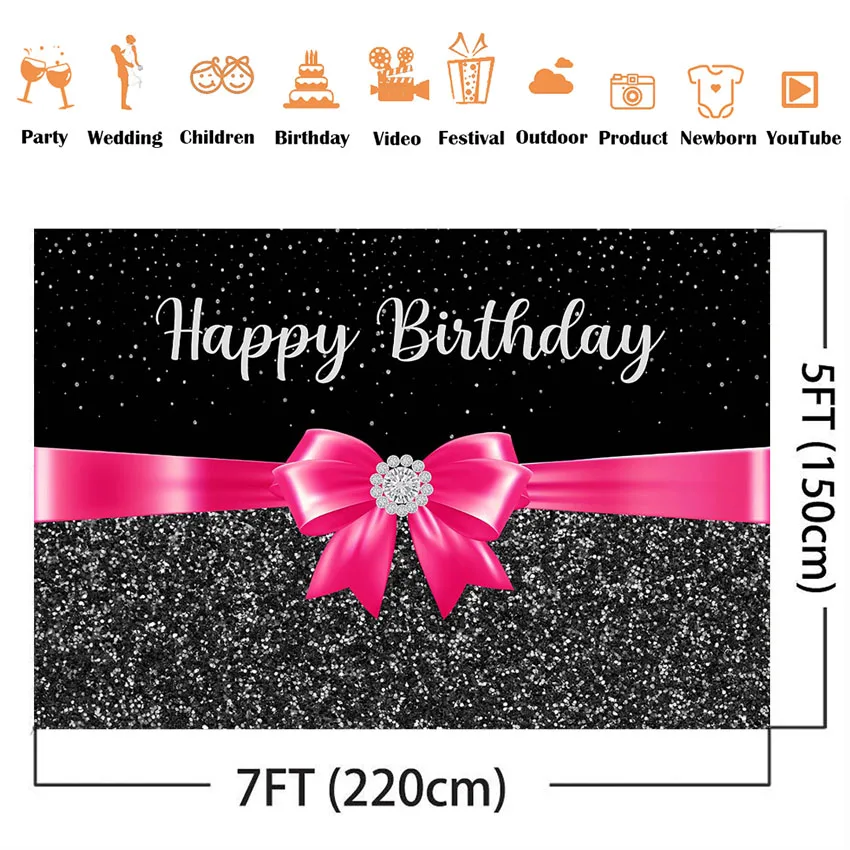 Happy Birthday Party Backdrop Pink Background for photo studio black and diamond birthday party decoration supplies