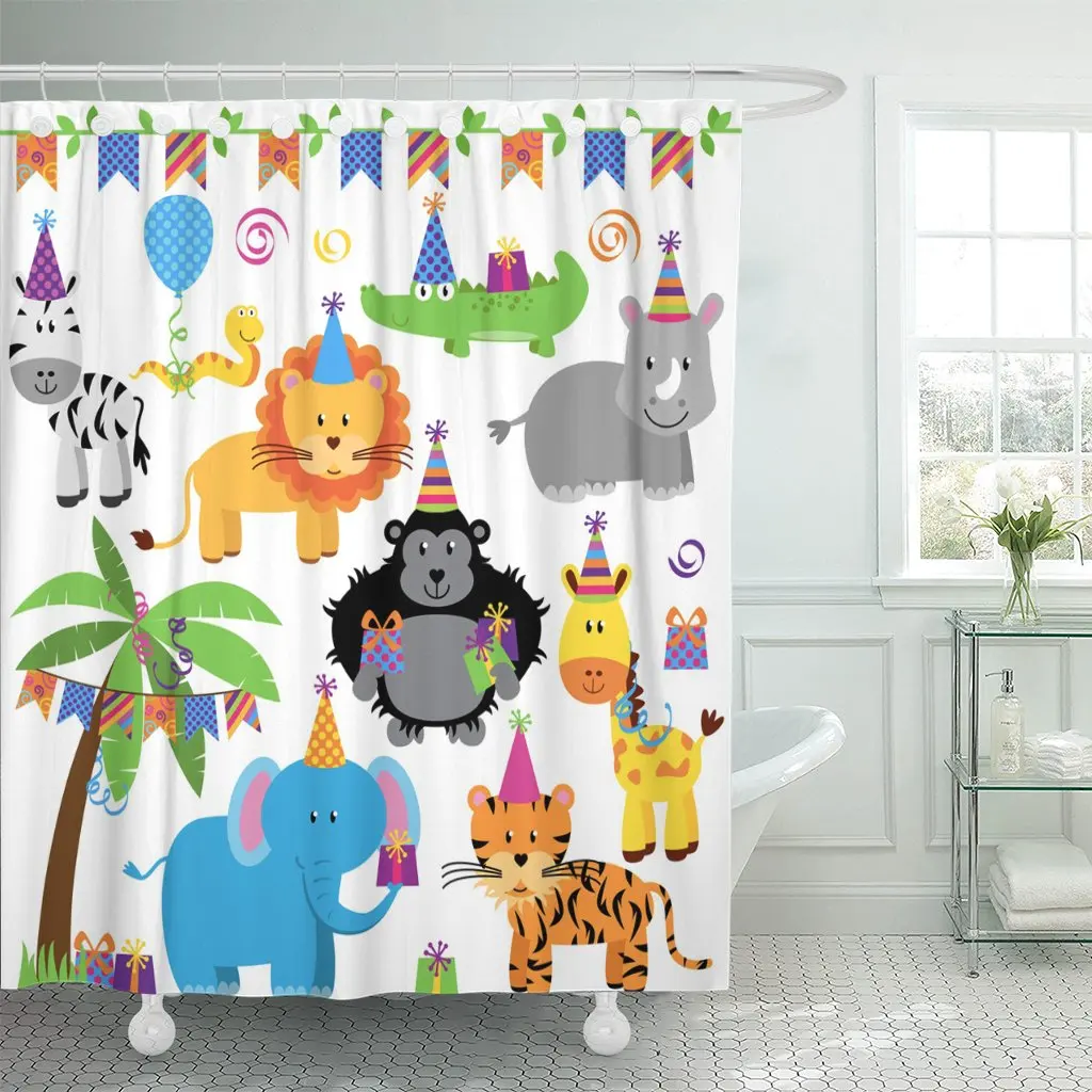 Cute Collection of Birthday Party Jungle Zoo Safari Animals Baby Shower Curtain Waterproof Polyester 72 x 72 Inches Set