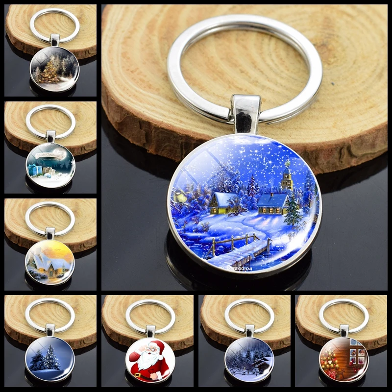 Santa Claus Christmas Deer Snow House Christmas Tree Keychain Double Sided Key Chain Glass Cabochon Key Rings Christmas Jewelry