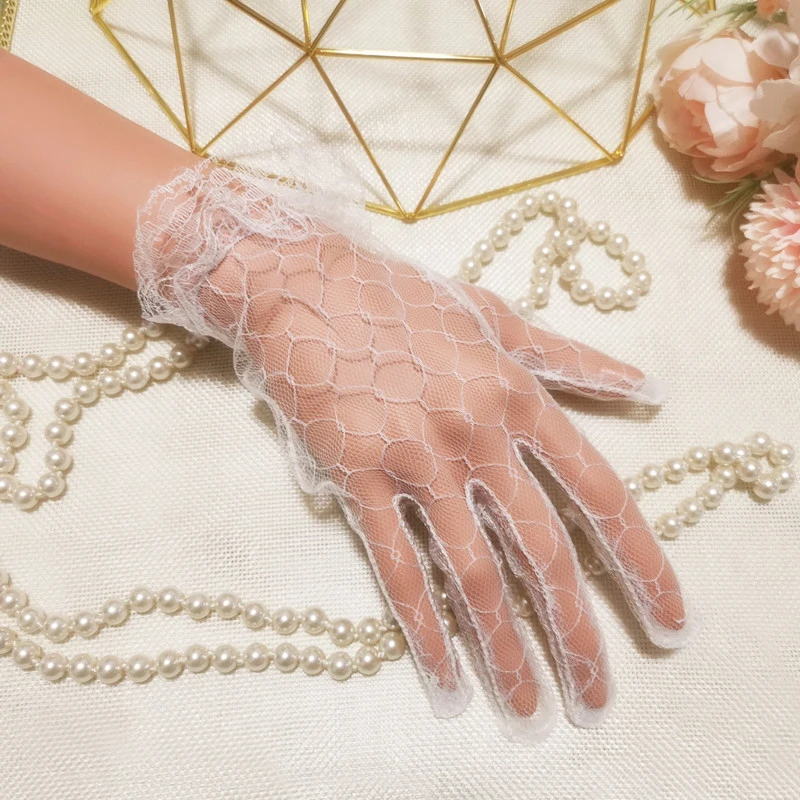 Bridal Lace Pearl Netto Garen Handschoenen Pols Lengte Mesh Vinger Handschoenen Party Formele Etiquette Bruiloft Accessoires Korte Dans Handschoenen