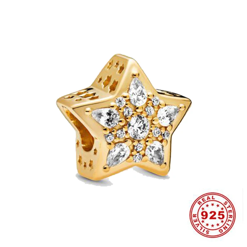 

New 925 Sterling Silver Bead Golden Five-Pointed Star Charm DIY fine beads Fit Original Pandora Charms Bracelet Jewelry 2021