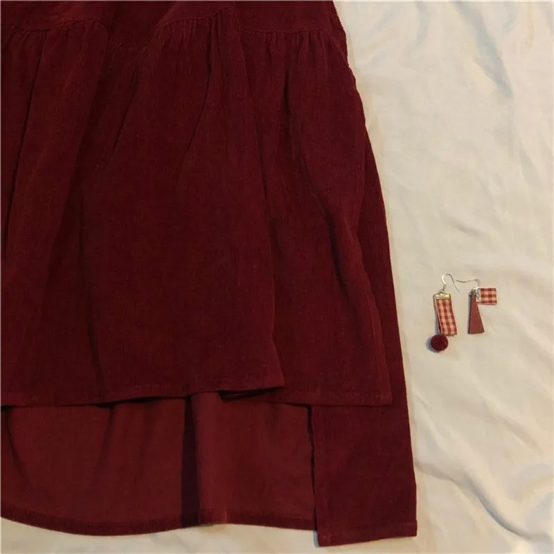 Plus Size Autumn Winter Corduroy Skirt Women Vintage Wine red Midi Long Skirts Female Elastic High Waist A-line Pleated Skirt