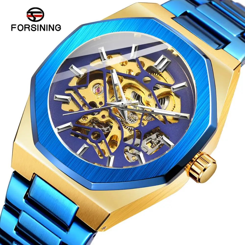 Forsining Men\'s Skeleton Analog Dial Automatic Mechanical Latest Fashion Style Watch with Stainless Steel Bracelet FSG8198M4