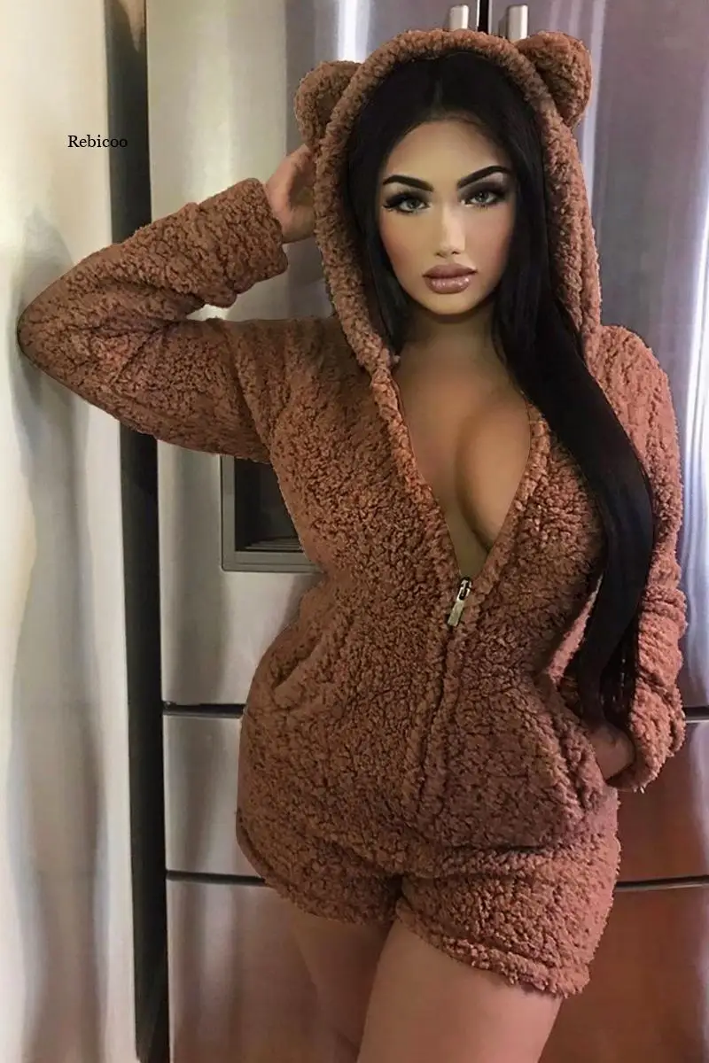 Autumn Winter Velvet Women Playsuit Home Romper Warm Cute Bear Hooded Body Suit Jumpsuit Zipper Bodysuit Casual Outwear