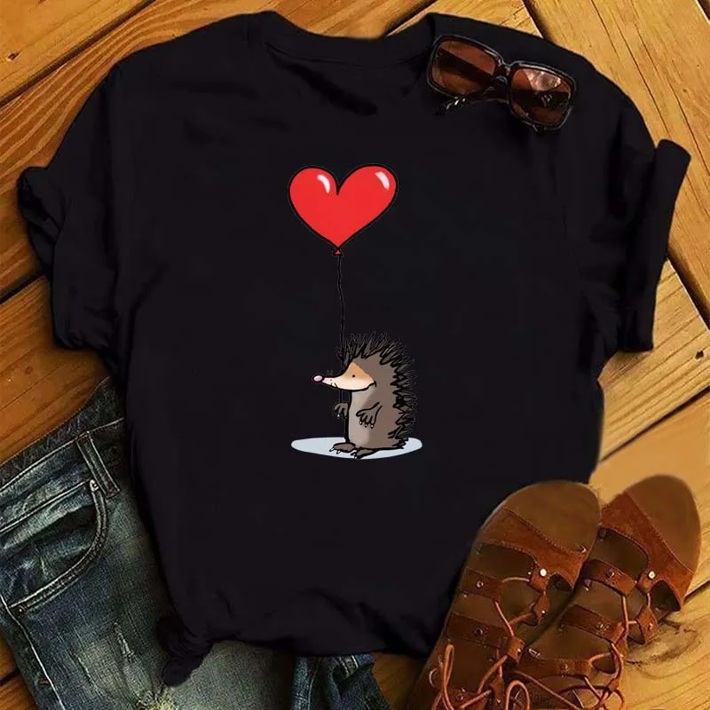 Maycaur Cute T-shirt Female Hedgehog Dandelion Print Tshirt Summer Casual Short Sleeves Tee Tops Kawaii Women Tshirt Streetwear