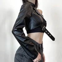 Women Fashion Punk Style Crop Tops Cool Single Long Sleeve Neck Hanger Leather Belt Connected Tops Streetwear Jackets 4