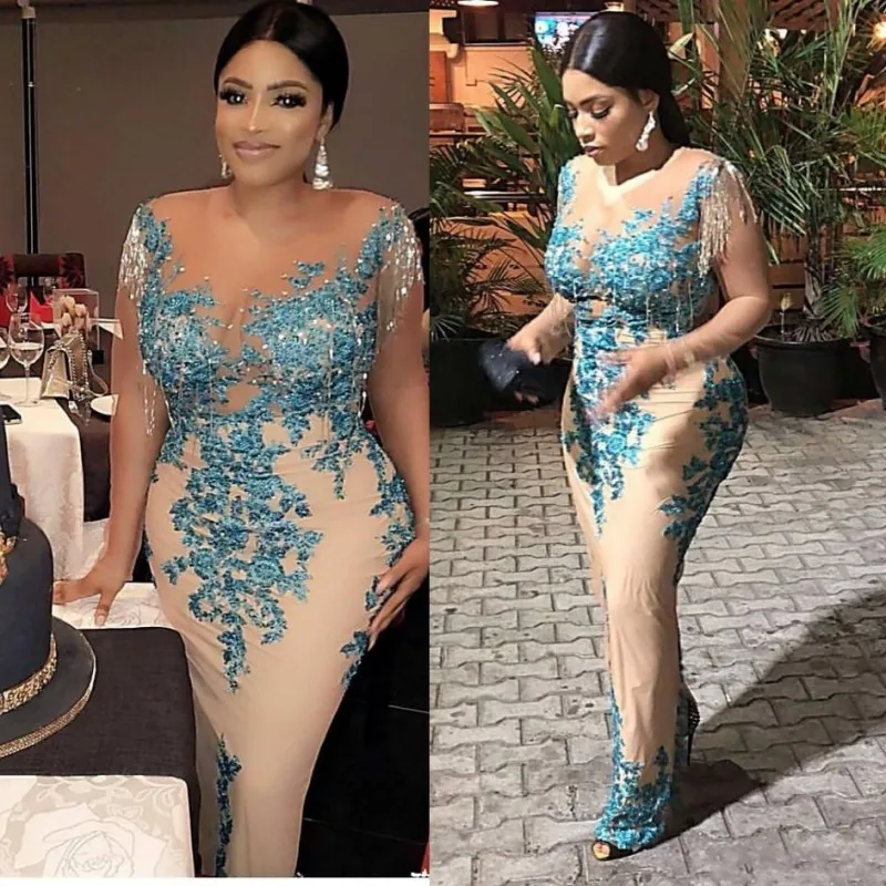 Aso Ebi Mutter Der Braut Kleid Quaste Perlen Perlen Plus Size Afrikanischen Nigerian Spitze Pailletten Meerjungfrau Abendkleider Sheer neck