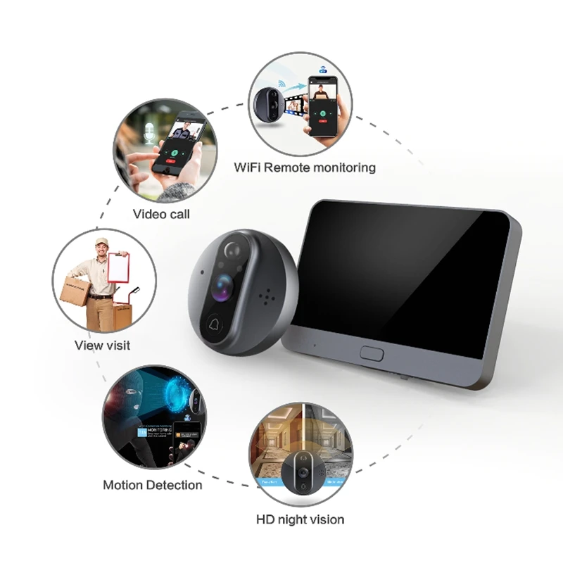 4.3 LCD Smart WiFi Video Doorbell PIR Motion Detection Home Camera Security Monitor Peephole Tuya APP Remote Control Door Viewer