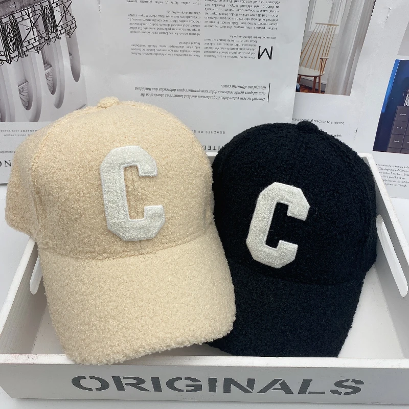 Ladies Autumn and Winter New Lamb Fur Caps Tide Brand C Letter Embroidery Warm Baseball Cap Outdoor Street Fashion Wild Hat