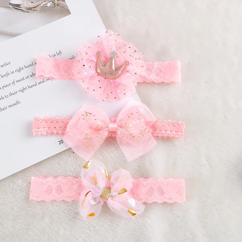 Baby-Stirnband mit Blumen und Schleifen, Kronen-Haarband, Schleifenknoten, Niedliche Kopfbedeckung für Mädchen, Foto-Requisite, 3 Stück/Set – Detail 5